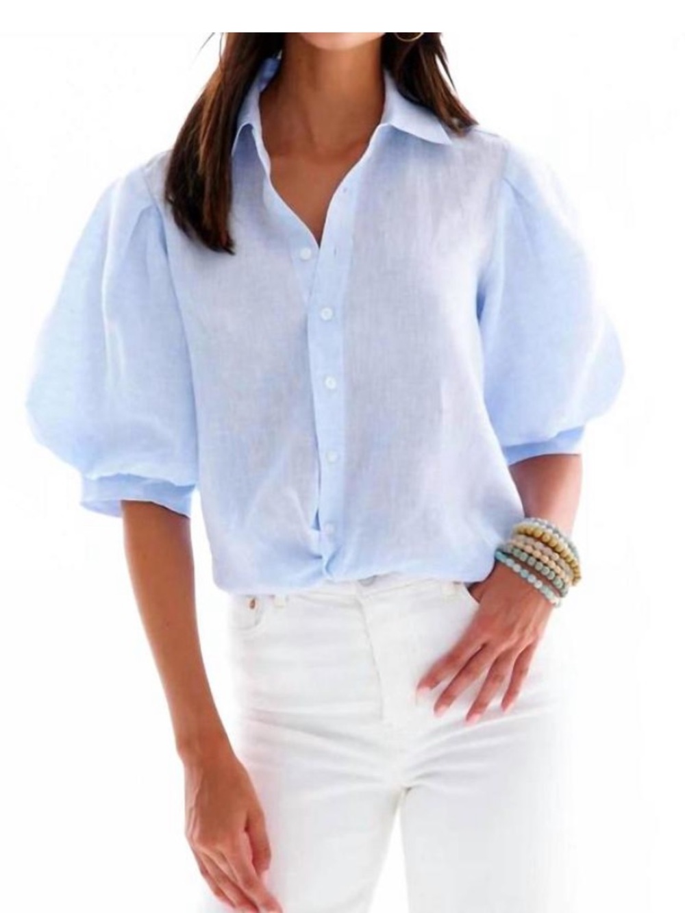 FINLEY bomba button down linen puff sleeve shirt in pale blue Size medium
